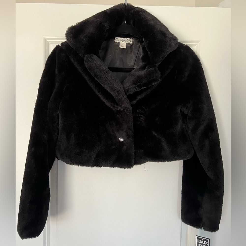 NWT kids 14 black fur jacket with sparkly heart buttons